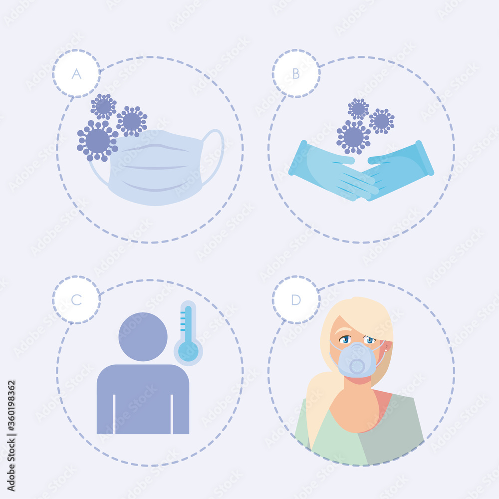 Woman with medical mask and icon set vector design Woman with medical mask and icon set vector design