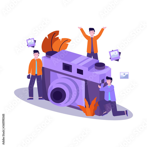 Flat vector illustration of photographer prepares equipment and takes a photo of the model professionally