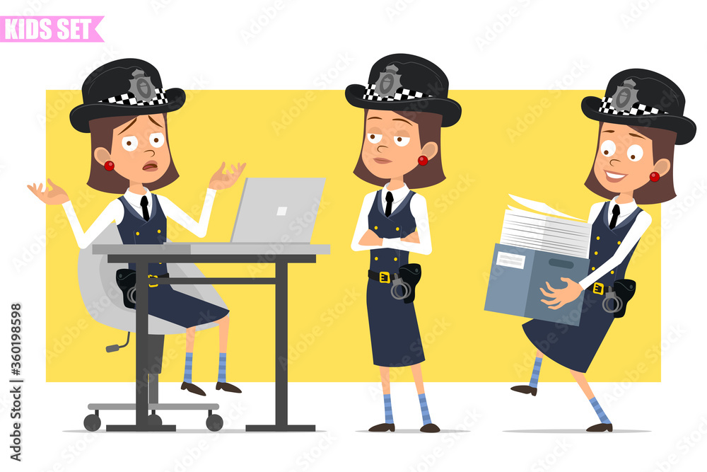 Cartoon flat funny british policeman girl character in helmet hat and uniform. Ready for animation. Kid working on laptop and carrying box of papers. Isolated on yellow background. Vector set. Cartoon flat funny british policeman girl character in helmet hat and uniform. Ready for animation. Kid working on laptop and carrying box of papers. Isolated on yellow background. Vector set.
