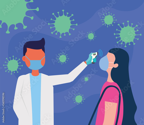 male doctor holding thermometer gun checking woman temperature vector design