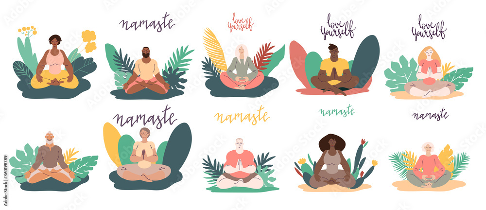 Diverse people women and men doing meditation outdoors surrounded by plants. Minimal vector illustration set isolated on white.