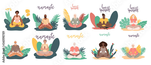 Diverse people women and men doing meditation outdoors surrounded by plants. Minimal vector illustration set isolated on white.