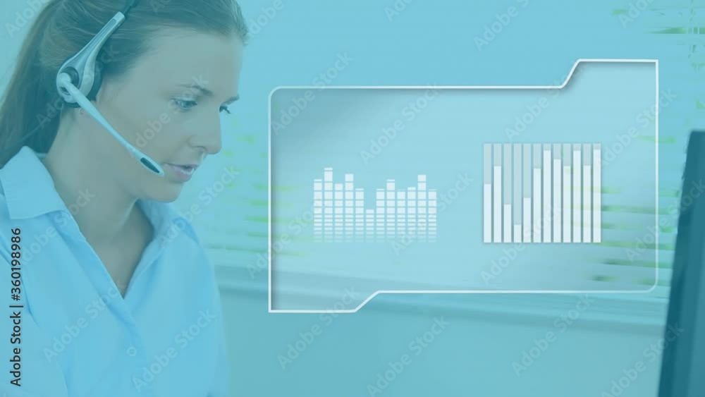 Animation of Caucasian woman wearing headset using computer over computer file with statistics