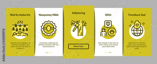 Forestry Lumberjack Onboarding Mobile App Page Screen Vector. Forestry Working Equipment And Tree Safe Fence, Animal And Forest Protection Color Illustrations