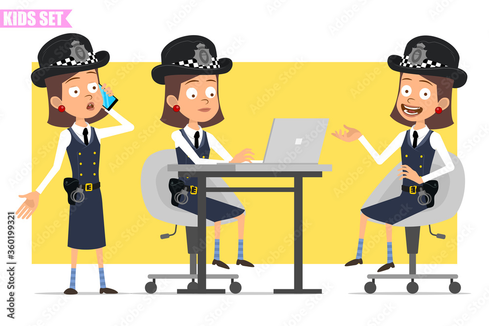 Cartoon flat funny british policeman girl character in helmet hat and uniform. Ready for animation. Kid resting, talking on phone and working on laptop. Isolated on yellow background. Vector set.