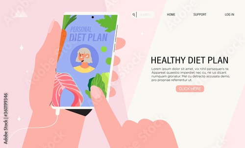 Woman hold smartphone with diet planning diary application. Concept of healthy eating, personal diet or nutrition plan, dieting expert consultation or online nutrition course for social media banner.