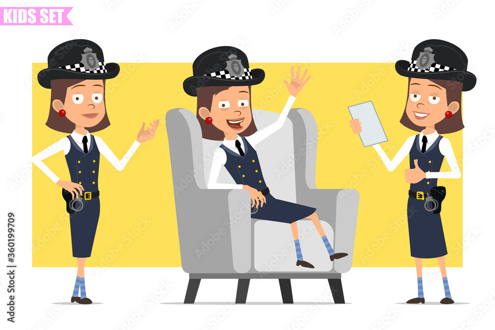 Cartoon flat funny british policeman girl character in helmet hat and uniform. Ready for animation. Kid posing, resting, showing okay and thumbs up sign. Isolated on yellow background. Vector set. Cartoon flat funny british policeman girl character in helmet hat and uniform. Ready for animation. Kid posing, resting, showing okay and thumbs up sign. Isolated on yellow background. Vector set.