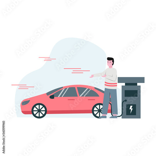 Flat vector illustration of someone is charging an electric car that is environmentally friendly