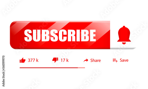 Subscribe button icon with bell on isolated background, 3D icon, realistic vector illustration