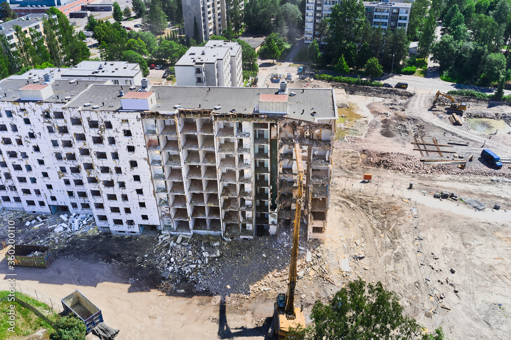 Aerial view of the demolition apartment building in Espoo, Finland.