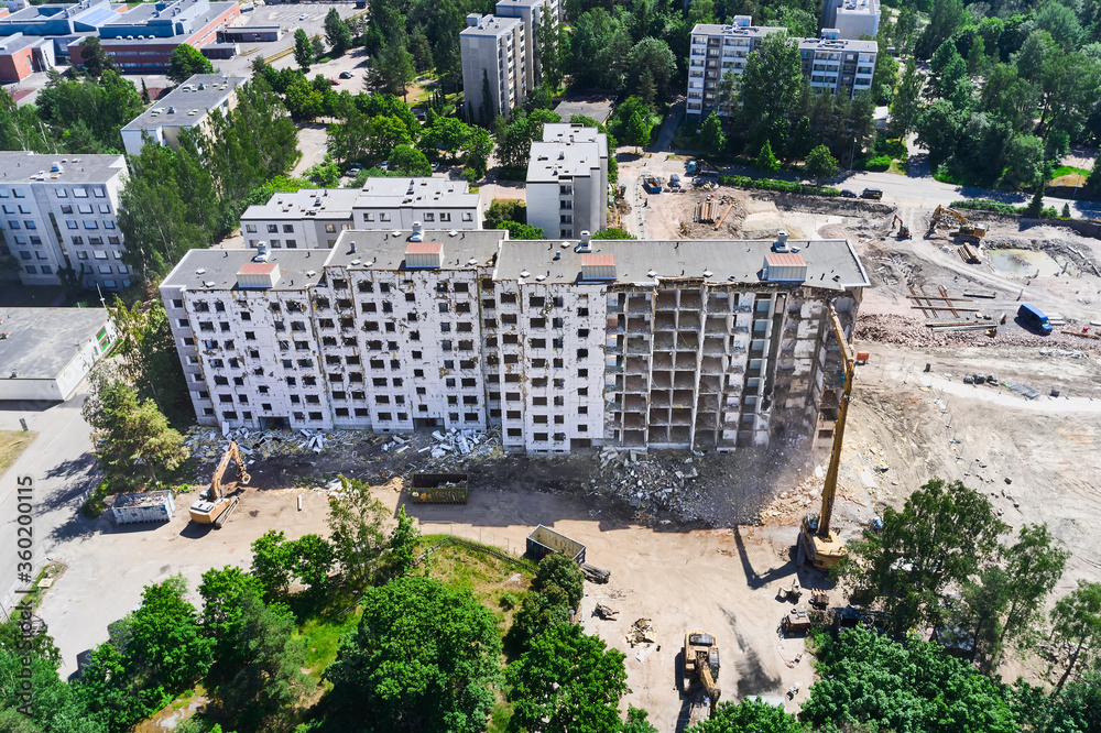 Aerial view of the demolition apartment building in Espoo, Finland.