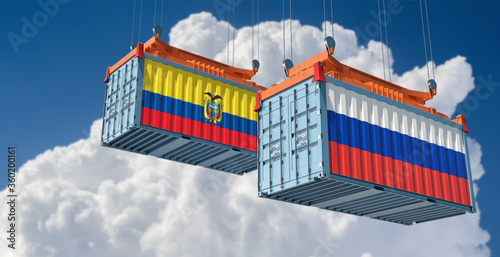 Freight containers with Russia and Ecuador flag. 3D Rendering 