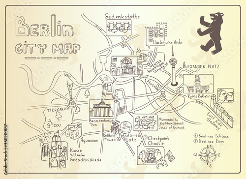 Illustrated map of Berlin, Germany. Doodle sketch map. Illustrations of attractions. Vector color illustration with various symbols of Germany. Travel and leisure. Design for banner, poster or print.