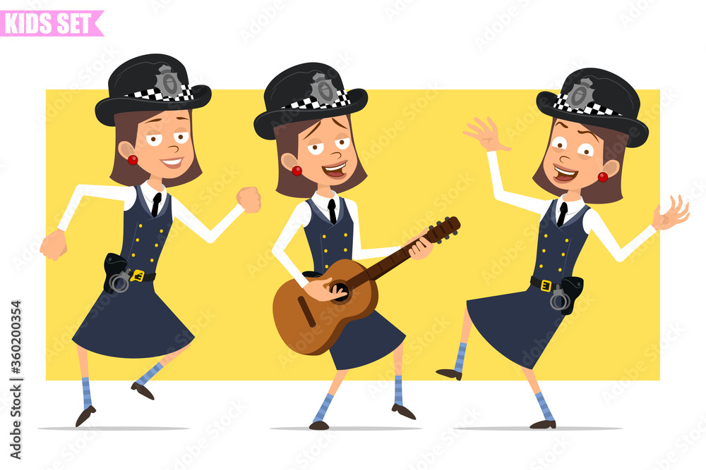 Cartoon flat funny british policeman girl character in helmet hat and uniform. Ready for animation. Kid dancing, jumping, singing and playing on guitar. Isolated on yellow background. Vector set. Cartoon flat funny british policeman girl character in helmet hat and uniform. Ready for animation. Kid dancing, jumping, singing and playing on guitar. Isolated on yellow background. Vector set.