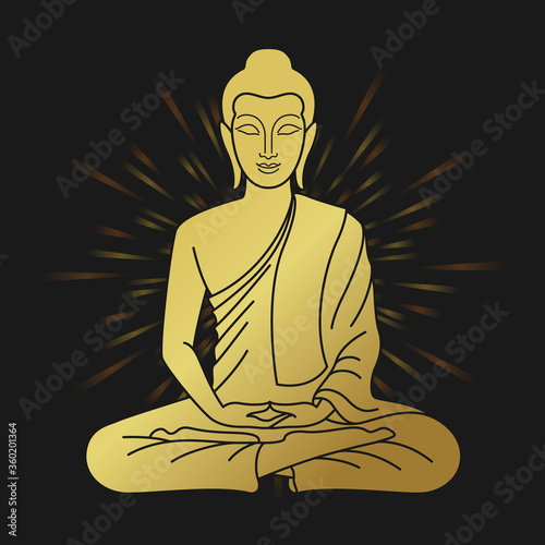 gold buddha sitting meditated sign and Halo light on black background vector design