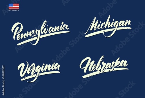 The names of the states of America in handwritten type.