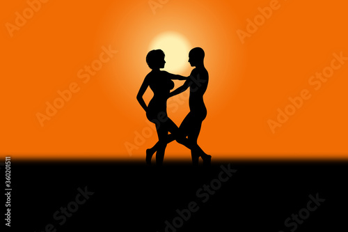Silhouette of lovers dancing against a sunset scene 3D Illustration