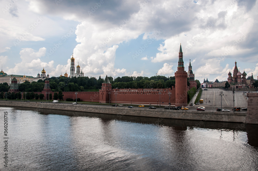 Panoramic view of the Moscow Kremlin and the Moscow River before a thunderstorm