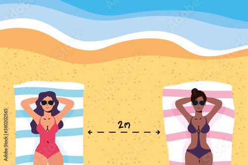 interracial women the beach practicing social distancing scene ,summer time vacations