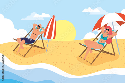couple on the beach practicing social distancing scene ,summer time vacations