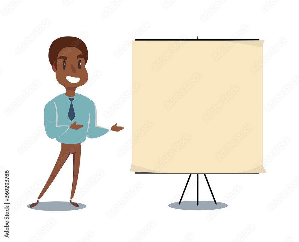 Happy smiling young black african american business man showing blank signboard, isolated on white background. Vector flat design illustration.
