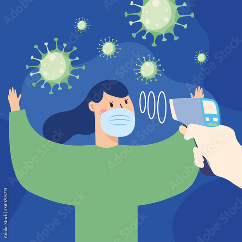 Hand holding thermometer gun checking woman temperature vector design