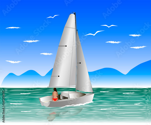 Beautiful girl - a yachtsman controls a small sailing yacht against the background of the sea, mountainous coast, white clouds and sea gulls. Vector illustration.