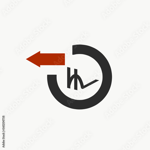 rupee sign with black circle and red arrow
