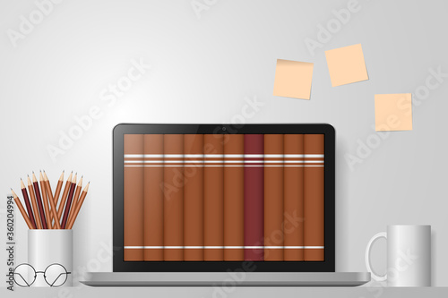 Digital library. E-book concept. Books on computer screen. Workspace with laptop. Online learning, distance e-learning education. Modern technologies in education and reading. Vector illustration