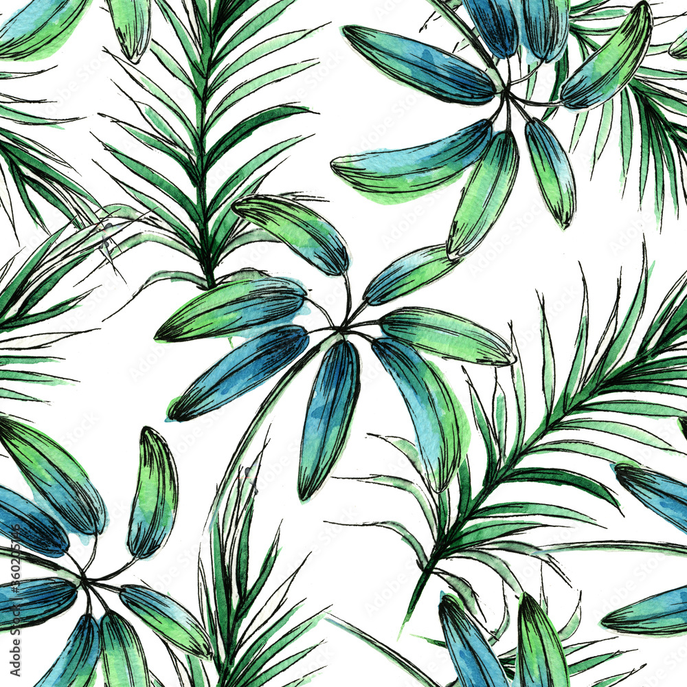 seamless pattern with leaves, palm, leaves, tropical leaves