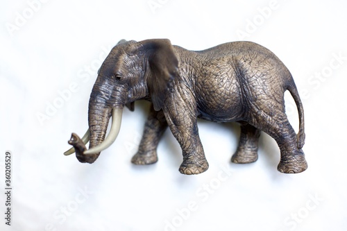 Toy plastic elephant. African elephant view on white background. Animal plastic toys for kids. 