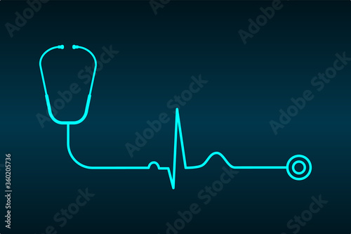 Modern medical technology background. Stethoscope with normal pulse line. Blue background. Healthy heart concept. Clinical diagnostics procedures. EKG or ECG graph. Vector illustration, flat, clip art