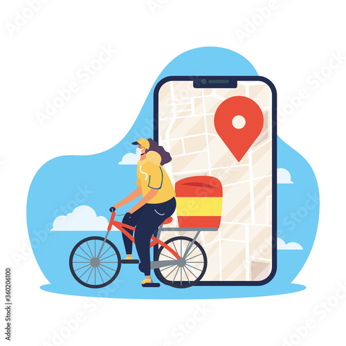 safe food delivery female worker in bicycle with smartphone for covid19