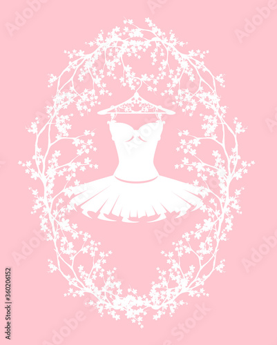 dancer tutu on a hanger among blooming sakura branches oval frame - ballet class emblem vector silhouette design