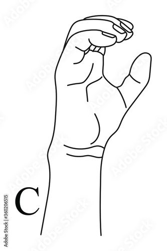 Hand gesture showing letter C on American Sign Language. Alphabetical symbol on deaf-mute language for communication. Vector illustration in outline style isolated on white background. 