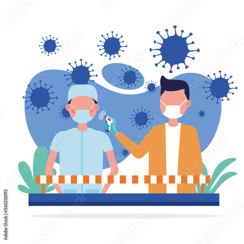 male doctor holding thermometer gun checking man temperature vector design