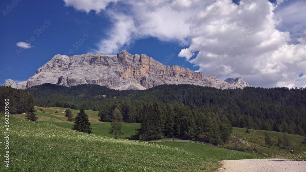 Trentino - Alto Adige, Italy - 06/18/2020: Amazing view on Seceda peak. Trentino Alto Adige, Dolomites Alps, South Tyrol, Italy, Europe. Odle mountain range, Val Gardena. Majestic Furchetta peak.