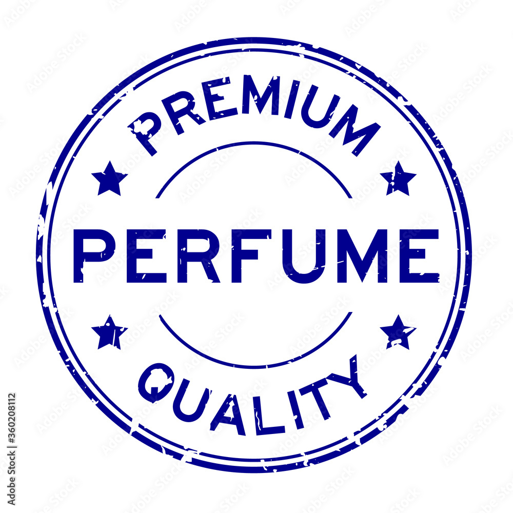 Grunge blue premium quality perfume word round rubber seal stamp on white background