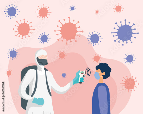 man with protective suit checking man temperature vector design