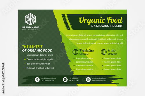 Natural and organic products brochure cover design and flyer use horizontal layout templates.  marketing material, ads and magazine, presentation. green on flat or gradient element. space for photo. 