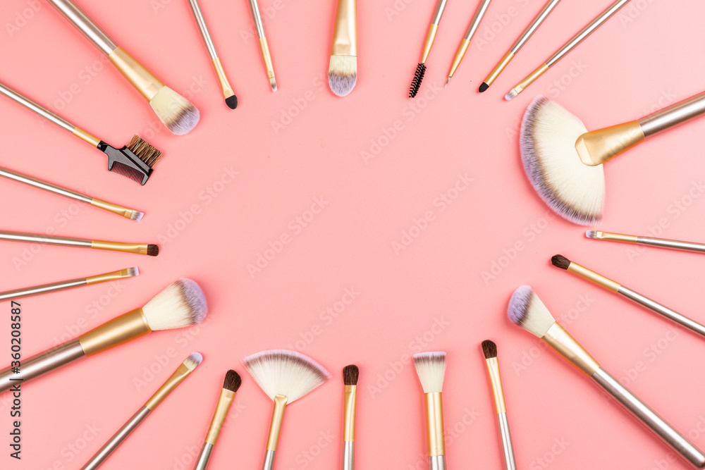 Cosmetic Makeup brushes on pink background. Flat lay, top view, copy space. Makeup accessories, mockup, template. Cosmetic Makeup brushes on pink background. Flat lay, top view, copy space. Makeup accessories, mockup, template.