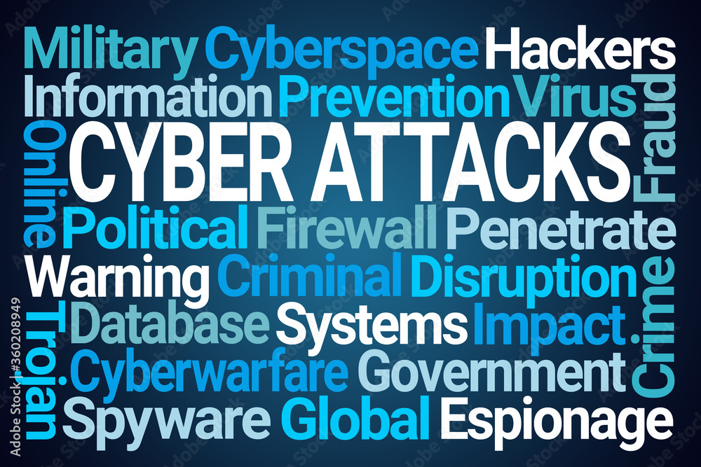 Cyber Attacks Word Cloud on Blue Background