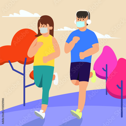 Woman and man are jogging together outside while keep using medical mask