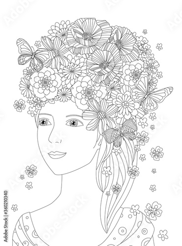 beautiful graceful girl with floral hairstyle and butterflies in