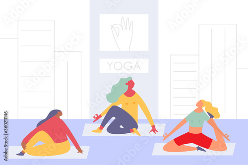 Yoga in fitness class. Exercising vector women