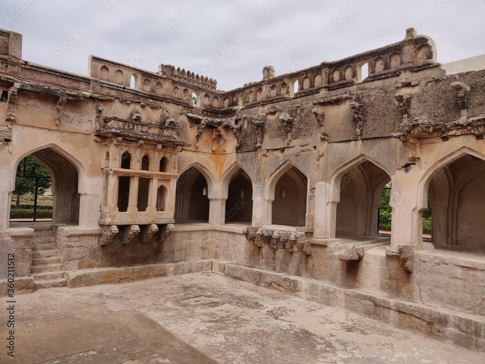 old stone , carvings , pillars , hampi tourism