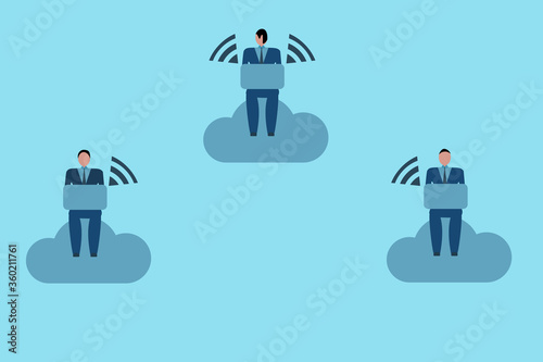 A Group of Businessman sitting on cloud computing and They can do  business everywhere.