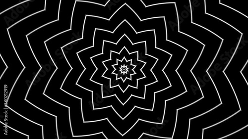 Hypnotic effect with star moving from the inside out. Movement of flower, stroke line. Psychedelic optical illusion. Seamless looping animation.