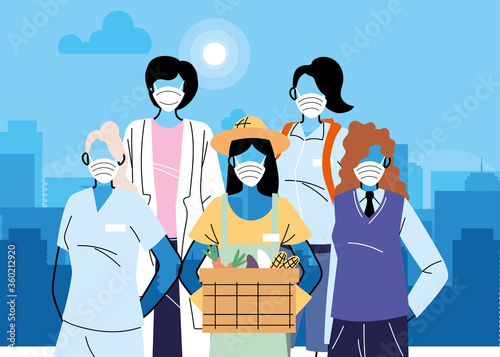 Diverse front line workers wearing protective masks