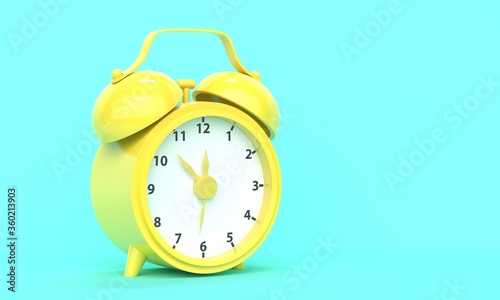 Classic vintage shiny yellow alarm clock on a turquoise background with place for text. 3d rendering